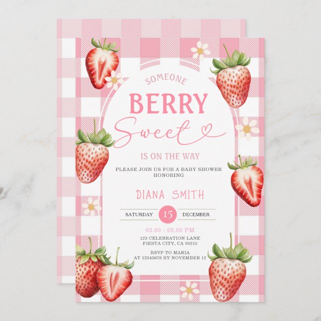 ROSA Gingham Strawberry Sweet Baby Shower Inbjudningar (Fram/baksida)