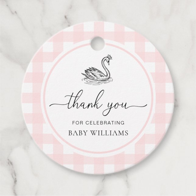 Rosa Gingham Svan Baby Shower Gåvor Etiketter (Framsida)
