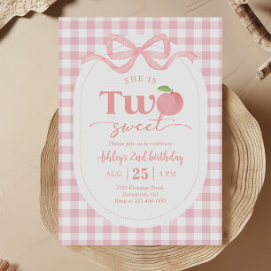 Rosa Gingham Sweet Peach 2:a födelsedagen Inbjudningar
