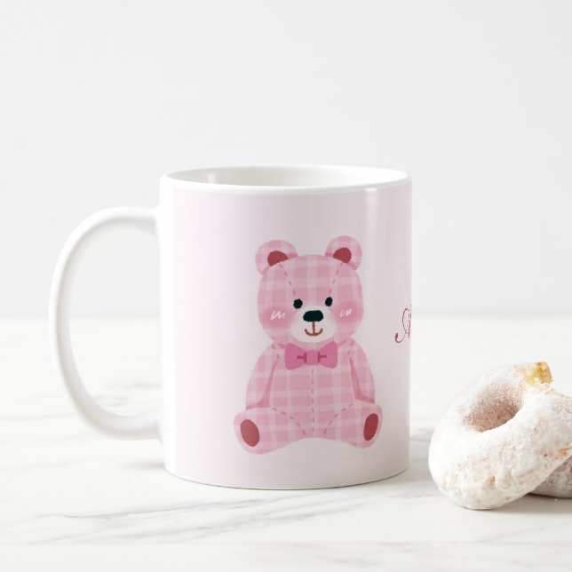 Rosa Gingham Teddy Kaffemugg (Med munk)