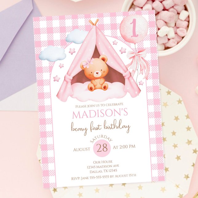 Rosa Gingham Teddybjörn Ballong Flicka 1-års Födel Inbjudningar (Skapare uppladdad)