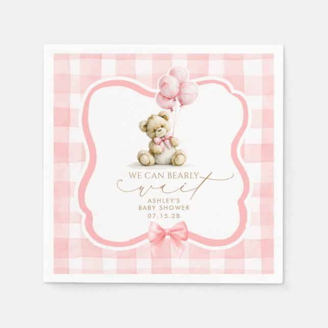 Rosa Gingham Teddybjörn Flicka Bebis Bjudning Pappersservett (Framsidan)