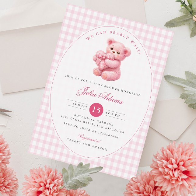 Rosa Gingham Teddybjörn Neutral Baby Shower Inbjudningar (Skapare uppladdad)