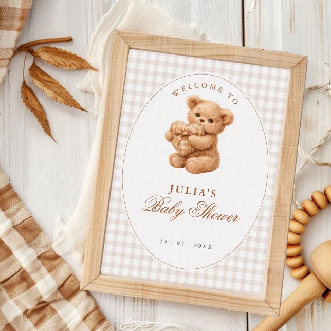 Rosa Gingham Teddybjörn Neutral Baby Shower Poster (Skapare uppladdad)