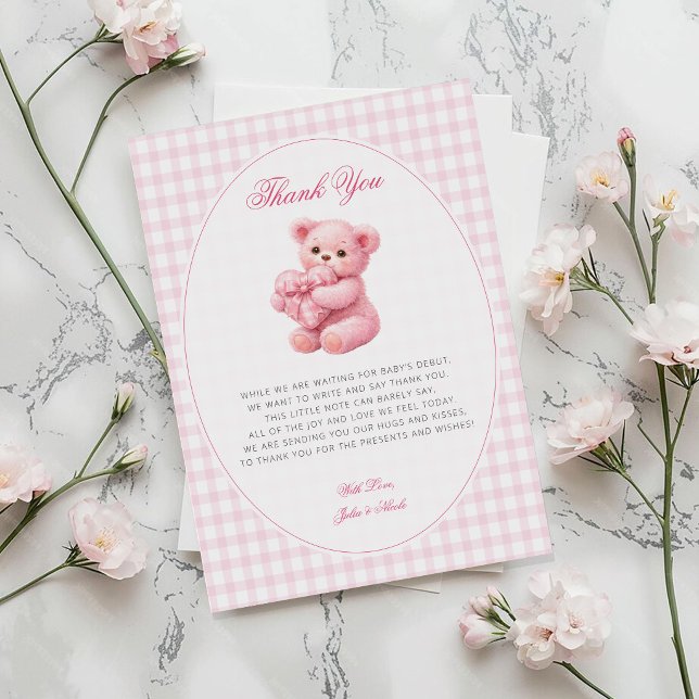 Rosa Gingham Teddybjörn Neutral Barnkalas Inbjudningar (Skapare uppladdad)