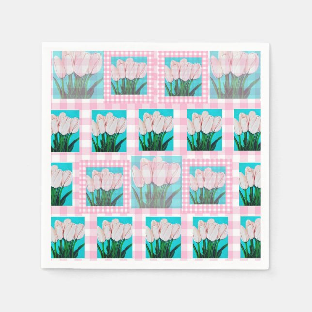 Rosa Gingham Tulip Cocktail Napkin Pappersservett (Framsidan)