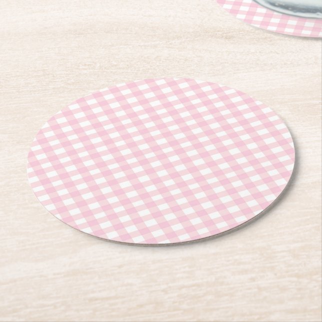 Rosa Gingham Underlägg Papper Rund (Vinklad)