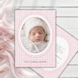 Rosa Gingham Vintage Fotofödselannons Inbjudningar