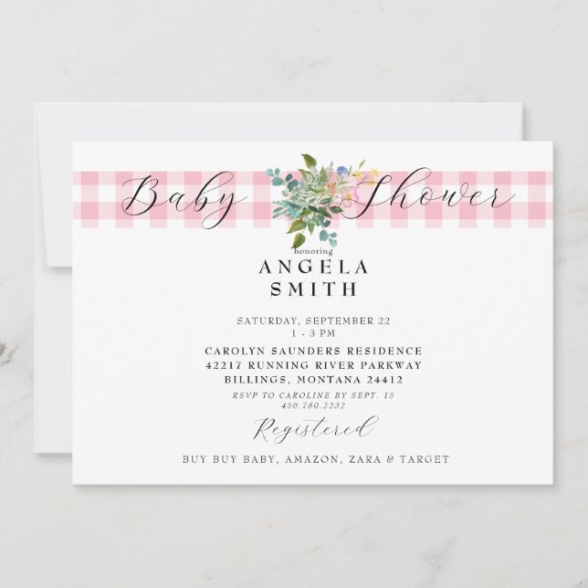 Rosa Gingham WildblomBaby Shower-inbjudan Inbjudningar (Framsida)