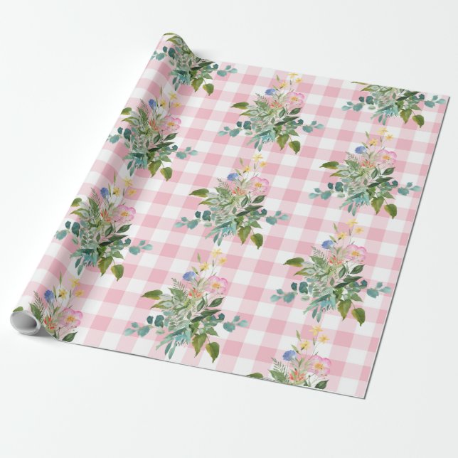 Rosa Gingham WildblomBaby Shower Wrapping Papper Presentpapper (Utrullad)