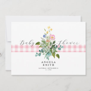 Rosa Gingham WildblommBaby Shower II Inbjudningar