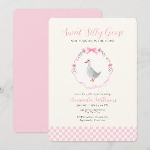 Rosa Gingham Woodland Dumma Gås Flicka Babyfirande Inbjudningar