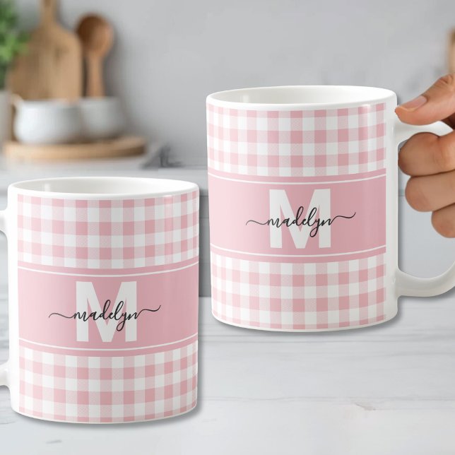 Rosa Ginghamrutig Monogram Kaffemugg (Blush Pink Gingham Plaid Monogram Coffee Mug )