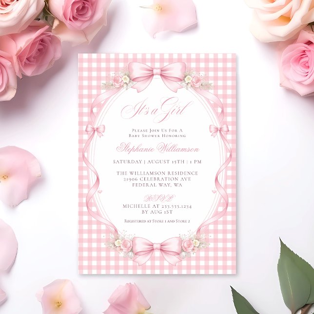 Rosa Ginghamslinga Blommig Bebis-fest Inbjudningar (Pink Gingham Bow Floral Baby Shower Invitation)