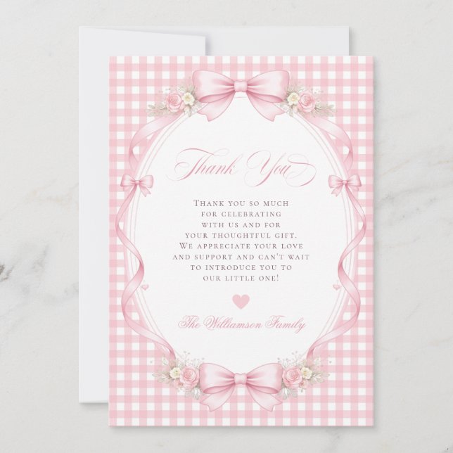 Rosa Ginghamslinga Blommig Bebisdusch Tack Kort (Framsida)