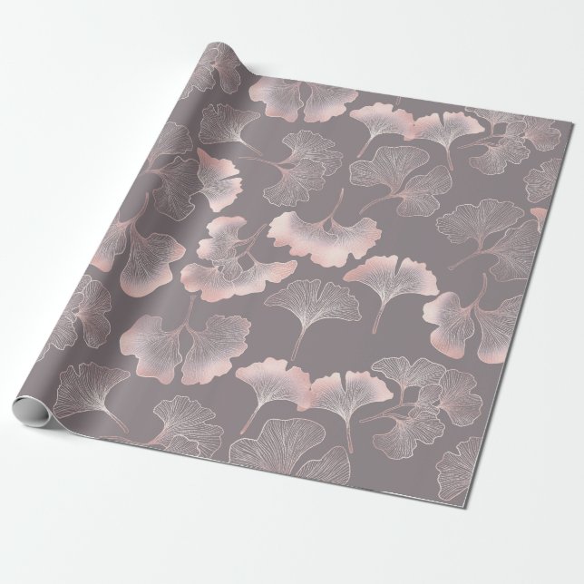 Rosa Ginkgo-blad Botaniskt Mönster Presentpapper (Utrullad)