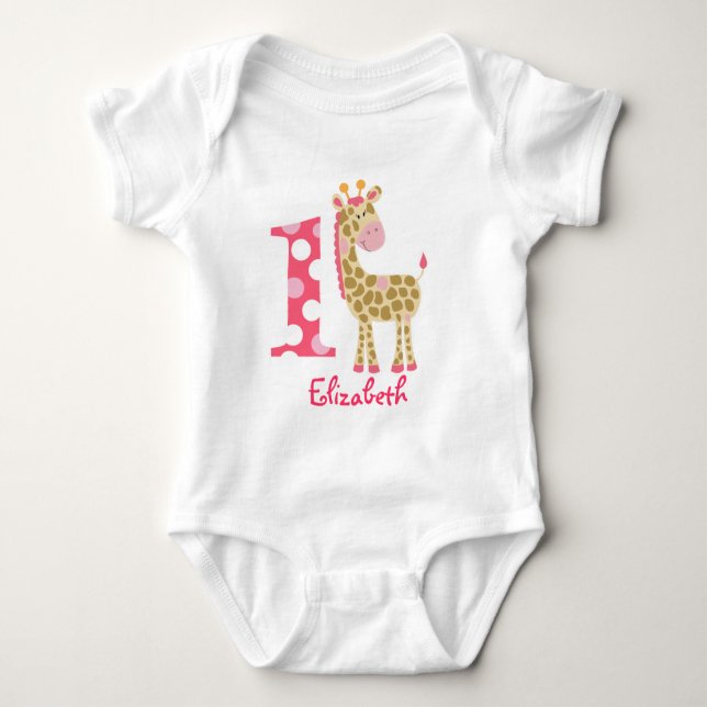 Rosa Giraffe 1:a Anpassningsbarna på födelsedagen T Shirt (Framsida)