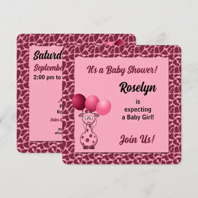 Rosa Giraffe Animal Print Baby Shower Inbjudningar (Fram/baksida)