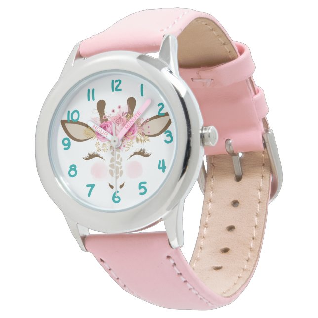 Rosa Giraffe Ansikte Number Kids Armbandsur (Vinklad)