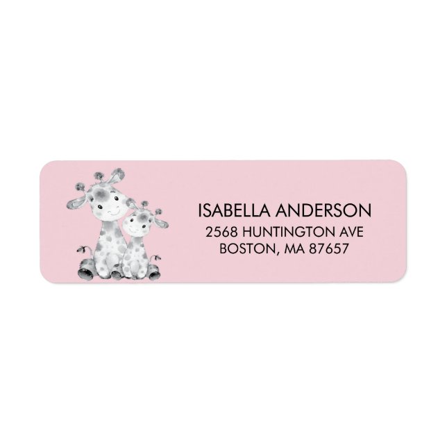 Rosa Giraffe Baby Shower-adressetikett Returadress Etikett (Framsidan)