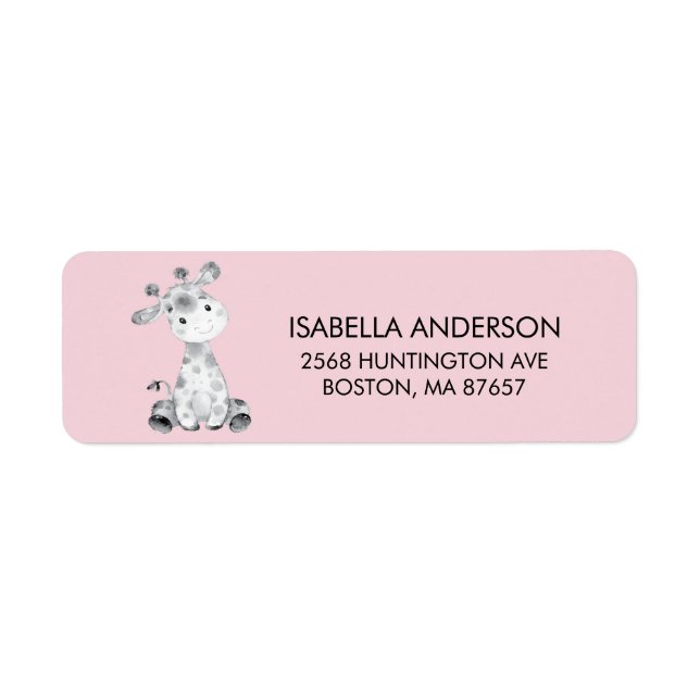 Rosa Giraffe Baby Shower-adressetikett Returadress Etikett (Framsidan)