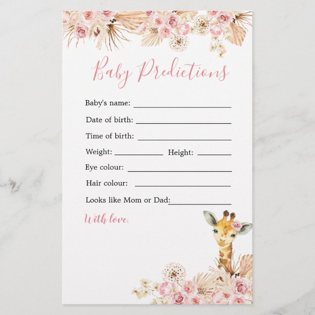  Rosa Giraffe Baby Shower Baby Predictions (Framsida)