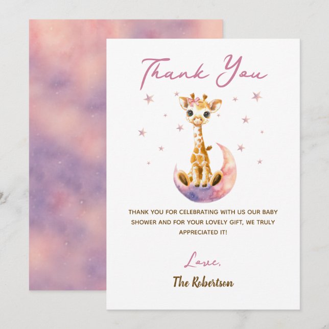 Rosa Giraffe Baby Shower Det är en flicka Tack Kort (Fram/baksida)