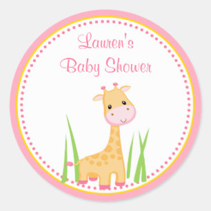 Rosa Giraffe Baby Shower Favor Tag-etikett Runt Klistermärke