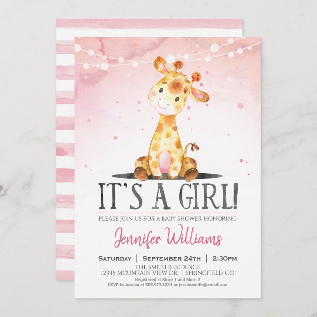 Rosa Giraffe Baby Shower Girl-inbjudan Inbjudningar (Fram/baksida)