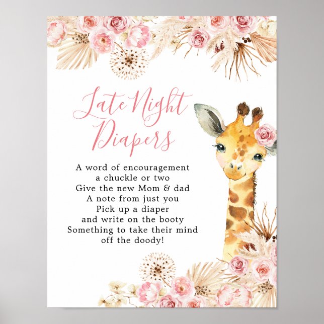  Rosa Giraffe Baby Shower Late Night Diaper Poster (Framsidan)