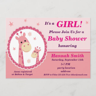 Rosa giraffe-babyduschinbjudan inbjudningar