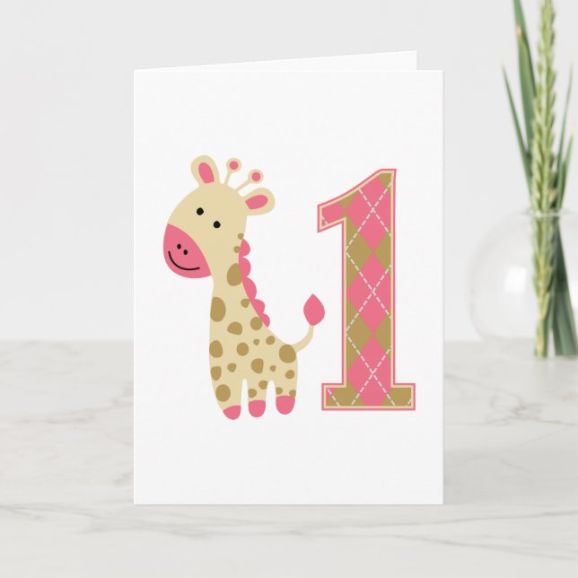 Rosa Giraffe First Birthday Kort (Framsida)