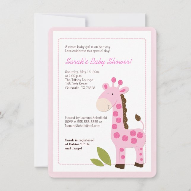 Rosa Giraffe Girl Baby Shower-inbjudan Inbjudningar (Framsida)