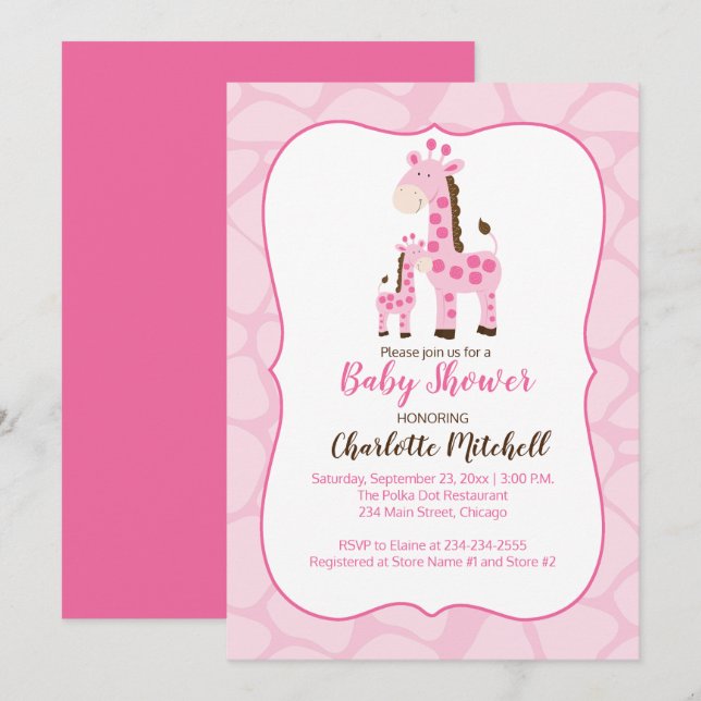 Rosa Giraffe Girl Baby Shower-inbjudan Inbjudningar (Fram/baksida)