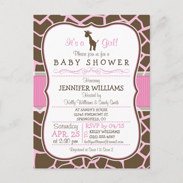 Rosa Giraffe Girl Baby Shower Postcard-inbjudan Inbjudan Vykort (Framsida)