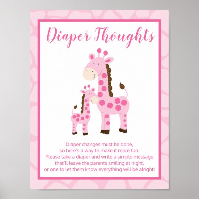 Rosa Giraffe Girl Diaper Thoughts Baby Shower Game Poster (Framsidan)