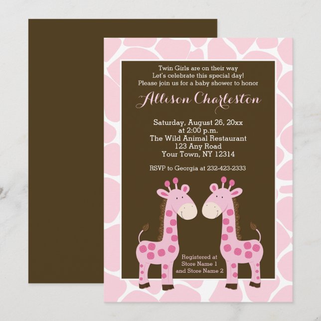 Rosa Giraffe Girl-Twillingar Babyskor Inbjudningsk Inbjudningar (Fram/baksida)