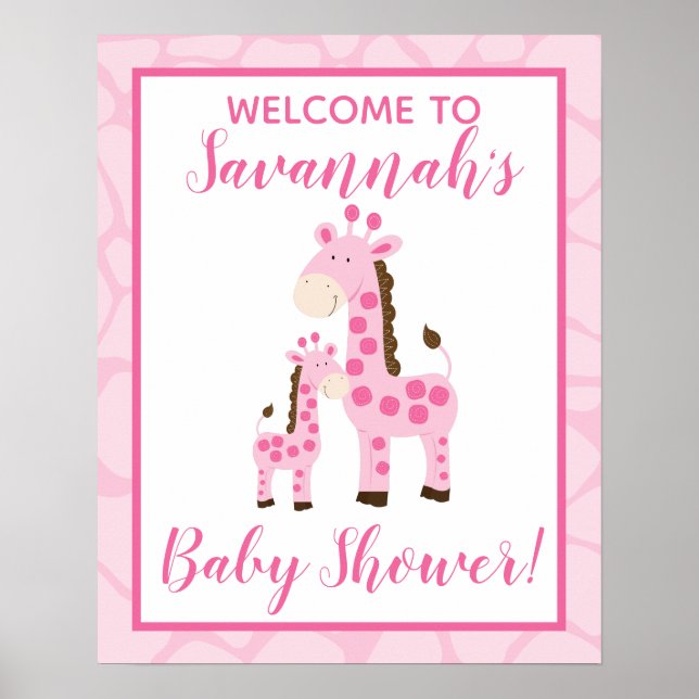 Rosa Giraffe Girl Welcome to Baby Shower Sign Poster (Framsidan)
