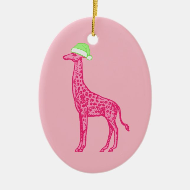 Rosa Giraffe i Grönten Santa Hat Julgransprydnad Keramik (Framsidan)