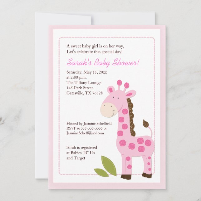 Rosa Giraffe Jungle 5x7 Baby Shower-inbjudan Inbjudningar (Framsida)