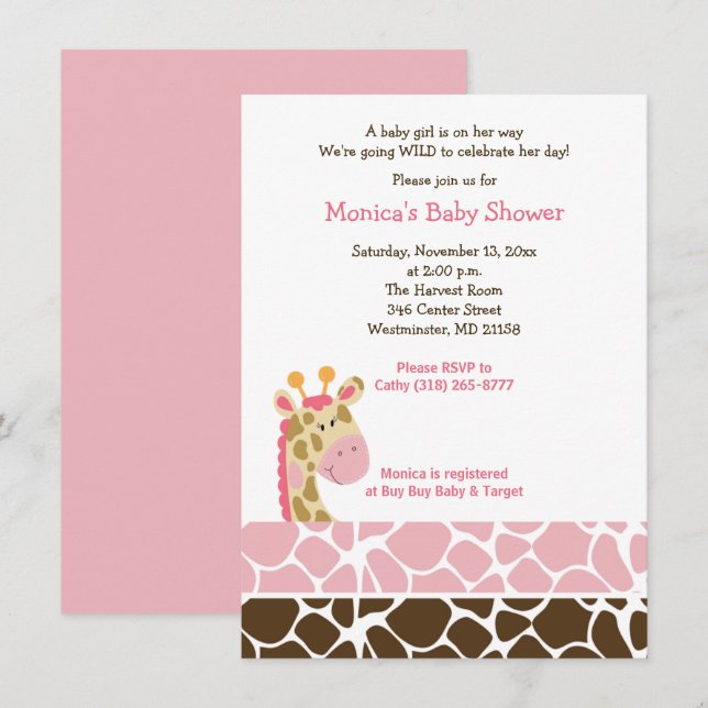 Rosa Giraffe Jungle Safari Baby Shower-inbjudan Inbjudningar (Fram/baksida)