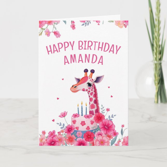 Rosa Giraffe och Blommigt Cake Birthday Kort (Framsida)