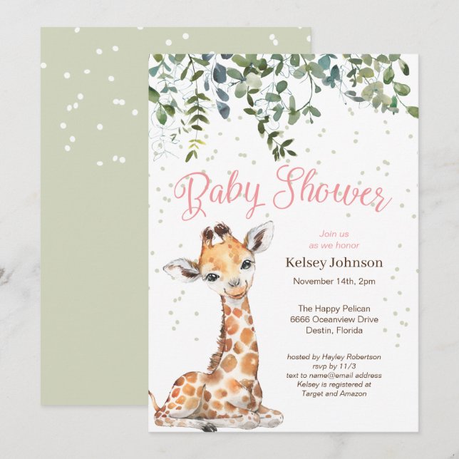 Rosa Giraffe Safari Baby Shower-inbjudan Inbjudningar (Fram/baksida)