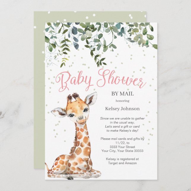 Rosa Giraffe Safari by Mail Baby Shower Inbjudningar (Fram/baksida)