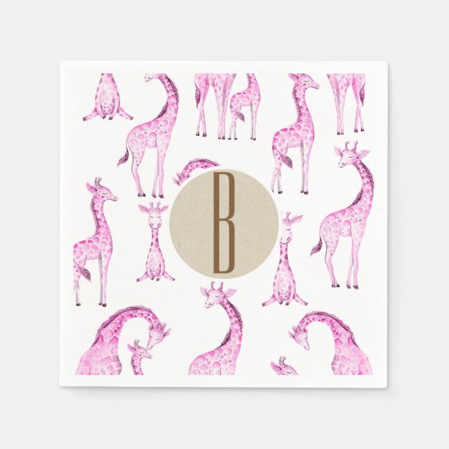 Rosa giraffer baby shower monogram bokstav initial pappersservett (Framsidan)