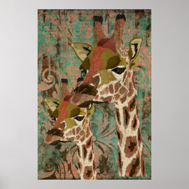 Rosa Giraffes Damask Art Poster