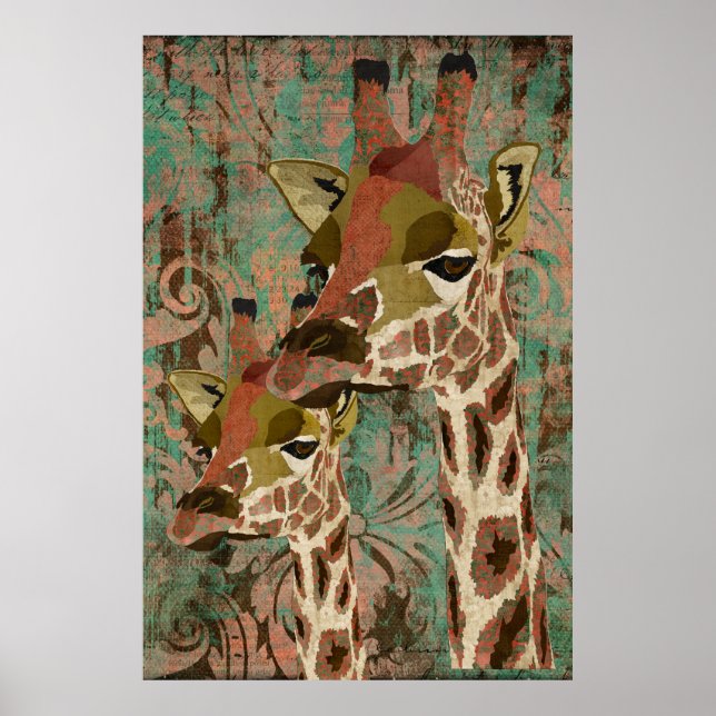 Rosa Giraffes Damask Art Poster (Framsidan)