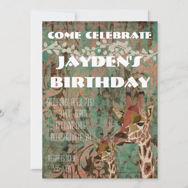 Rosa Giraffes Damask Birthday Inbjudan (Framsida)