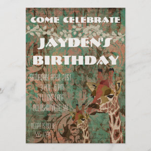 Rosa Giraffes Damask Birthday Inbjudan