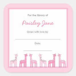 Rosa Giraffes Girl Baby Shower Bookplåtar Fyrkantigt Klistermärke